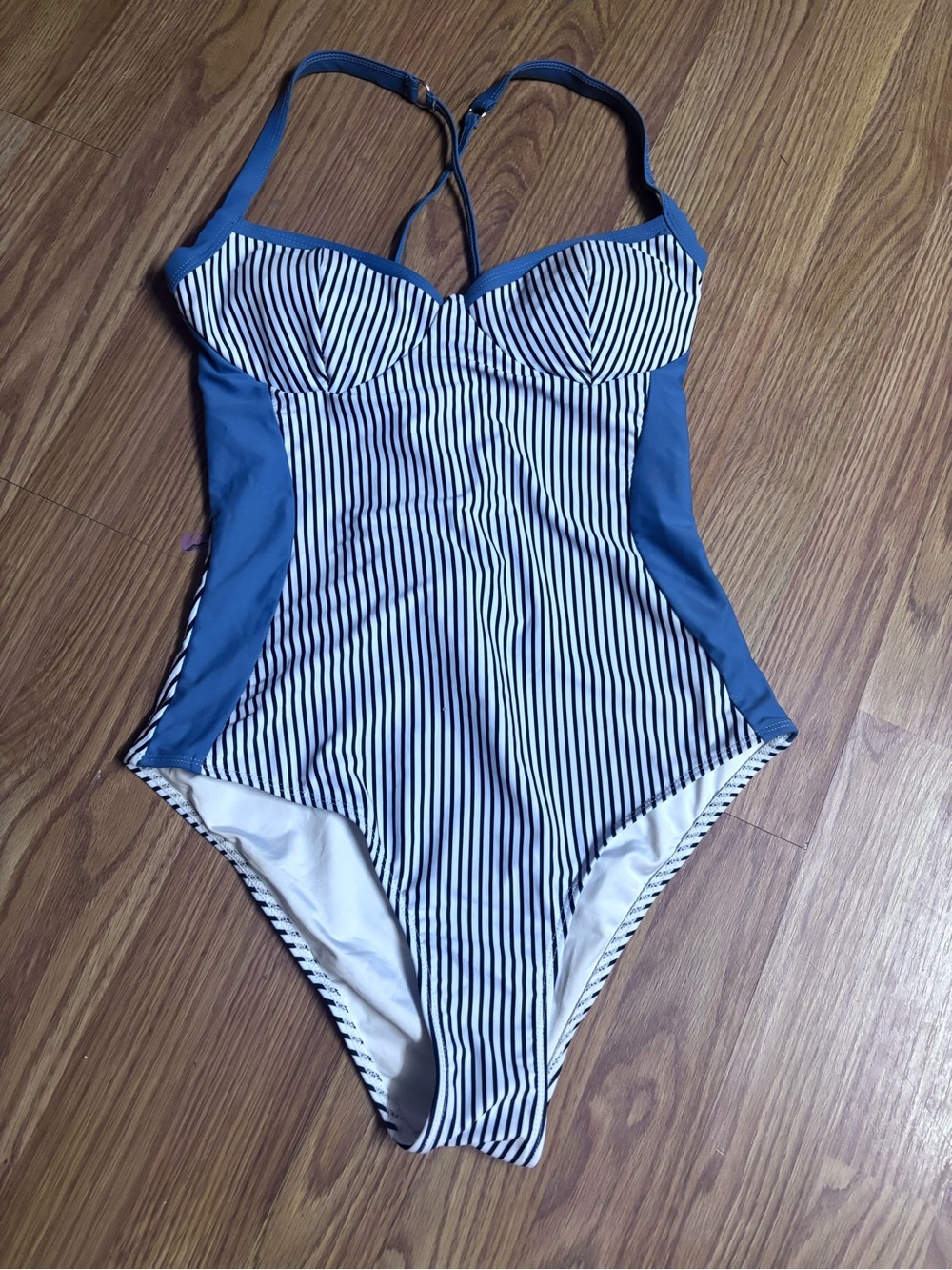 Womenβs Size Medium Navy and White Striped One-Piece Swimsuit